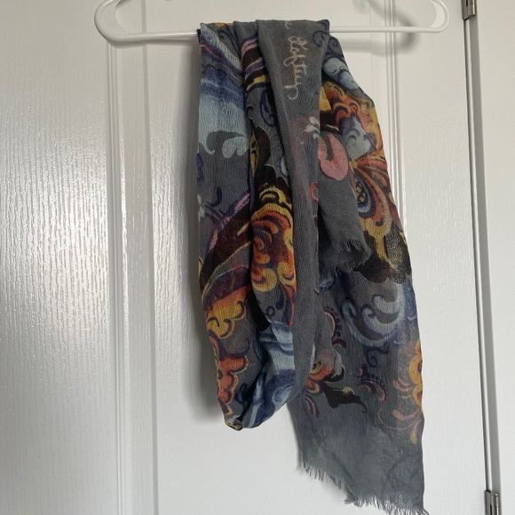 Dusty Blue Scarf with Colourful Patterns - Picture 1 of 2